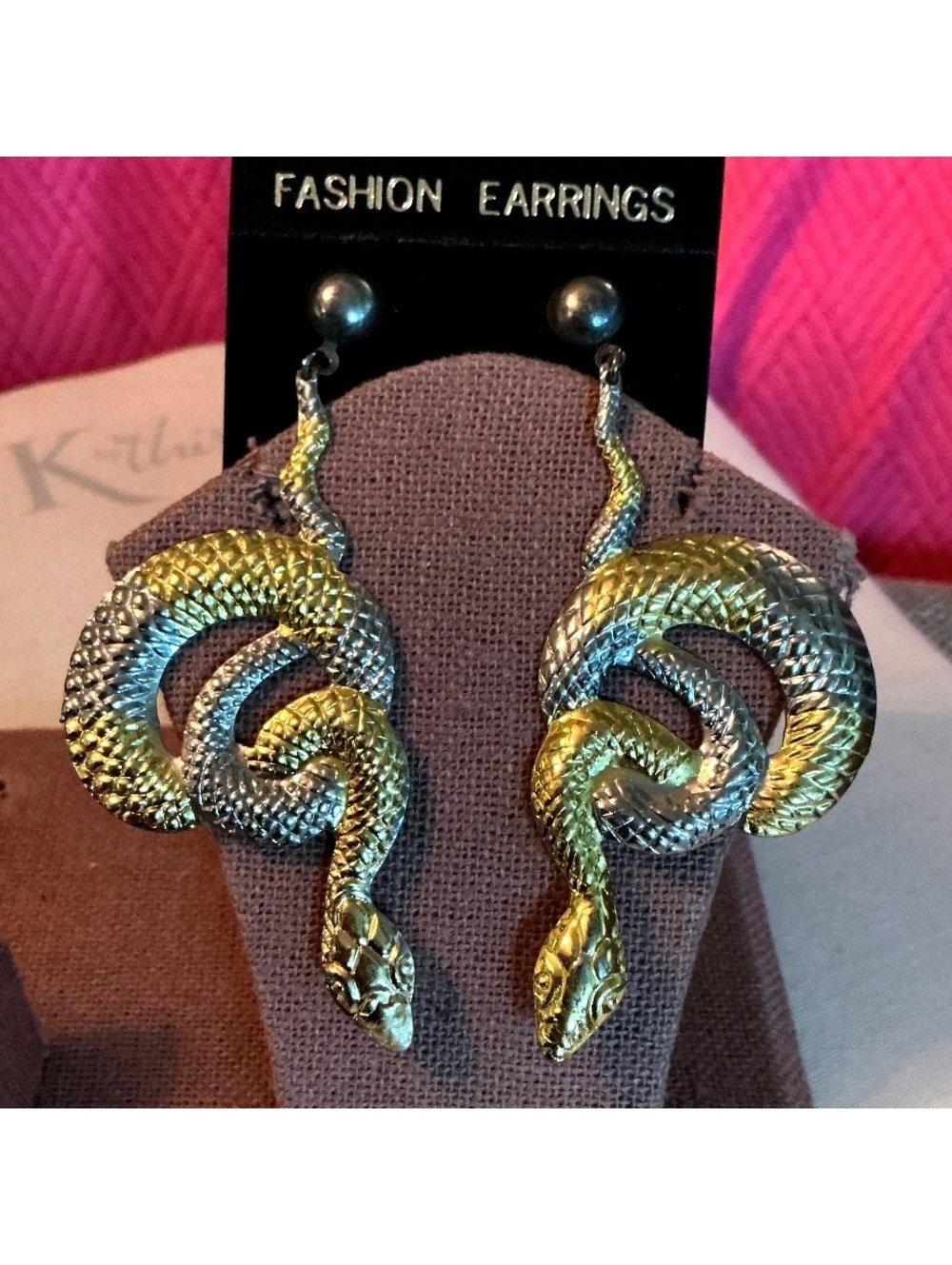 Vintage Two-toned Embossed Metal Snake Statement Earrings Made in Korea